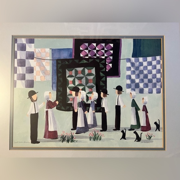 Miller Other - Framed Watercolor Art- Amish Quilting With Cats, Signed by Artist Miller 1994